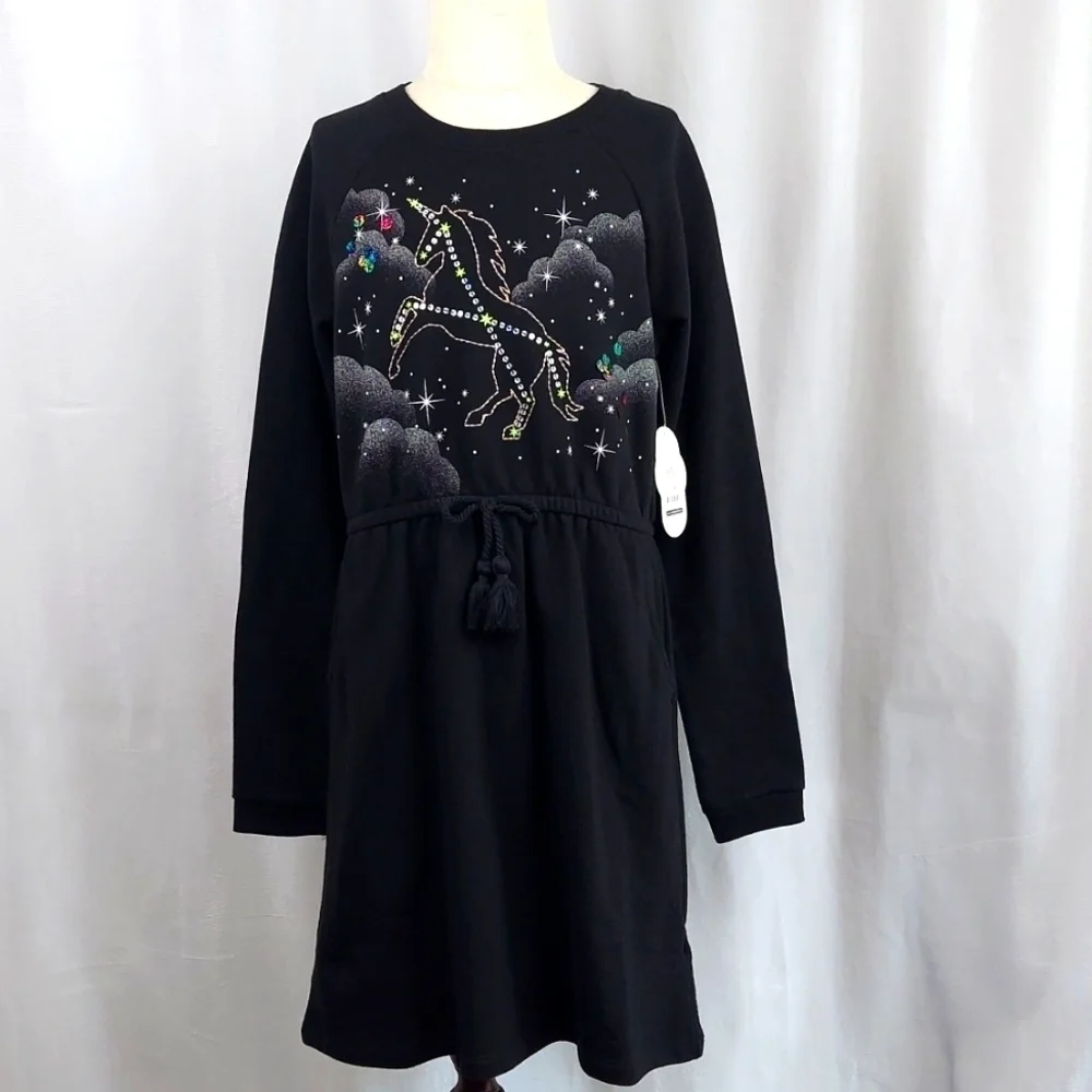 Wonder Nation Girls Long Sleeve Unicorn Sequins Dress tassel - black - L (10/12)